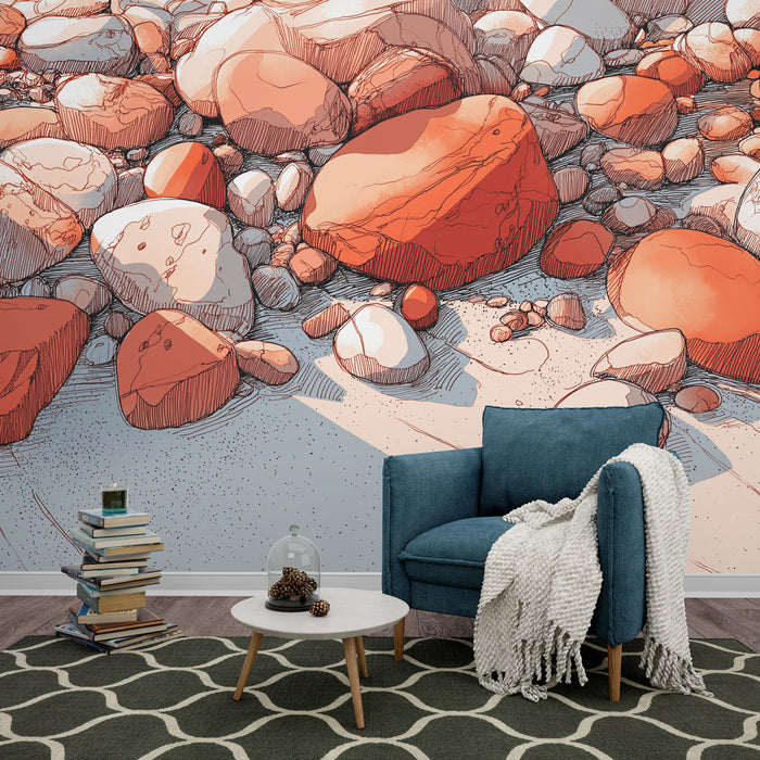 Tapet mural pietre colorate | Model artistic de pietre roșii și albe pe un fundal deschis