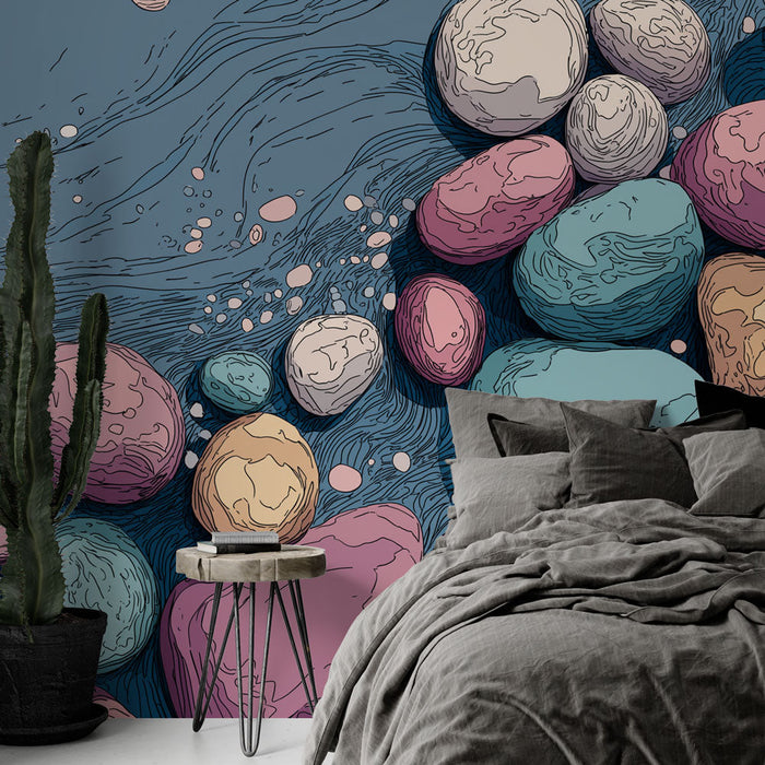 Fototapet fargerike småstein | Et kunstnerisk mønster av pastellfargede småstein på en blå bakgrunn