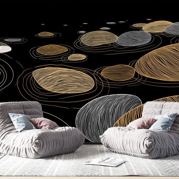 Tapeta moderní oblázky | Stylizované oblázky s zlatými, stříbrnými a bílými linkami na černém pozadí