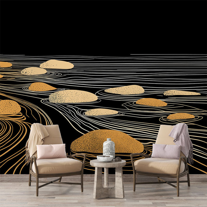 Carta da parati galets | Motivo moderno di ciottoli dorati su sfondo nero con linee fluide