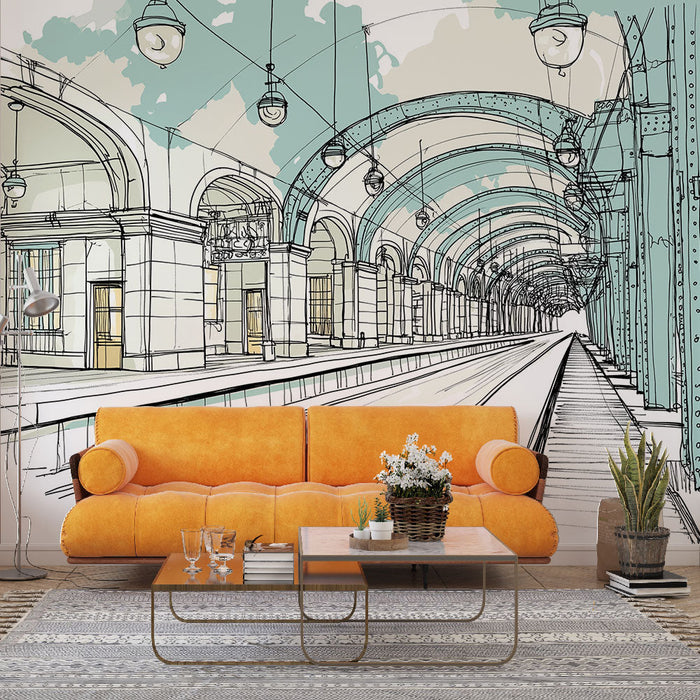 Carta da parati stazione storica | Eleganti illustrazioni dei moli con archi e lampioni