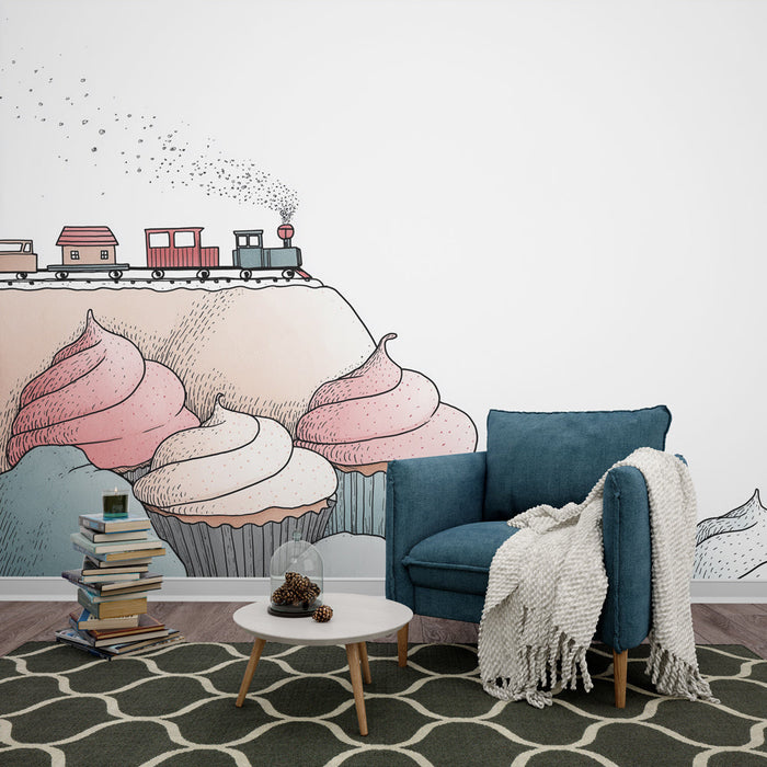 Carta da parati torte e treno | Un mondo dolce con cupcakes e una locomotiva