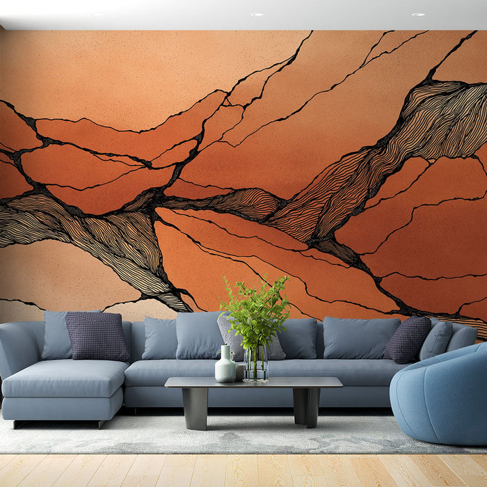 Geologisk Fototapet | Abstrakte mønstre i okker toner og sorte linjer