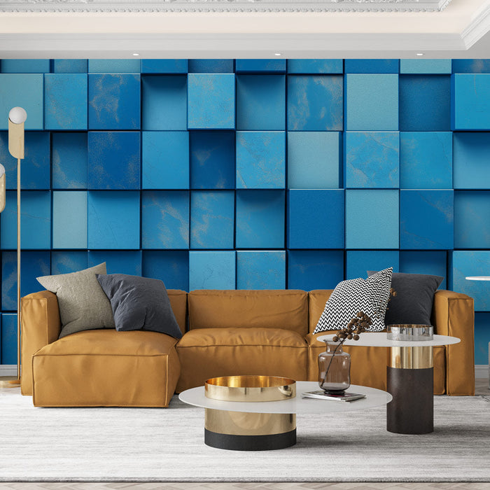 Papel pintado geométrico azul | Cuadrados en tonos azules con textura vibrante