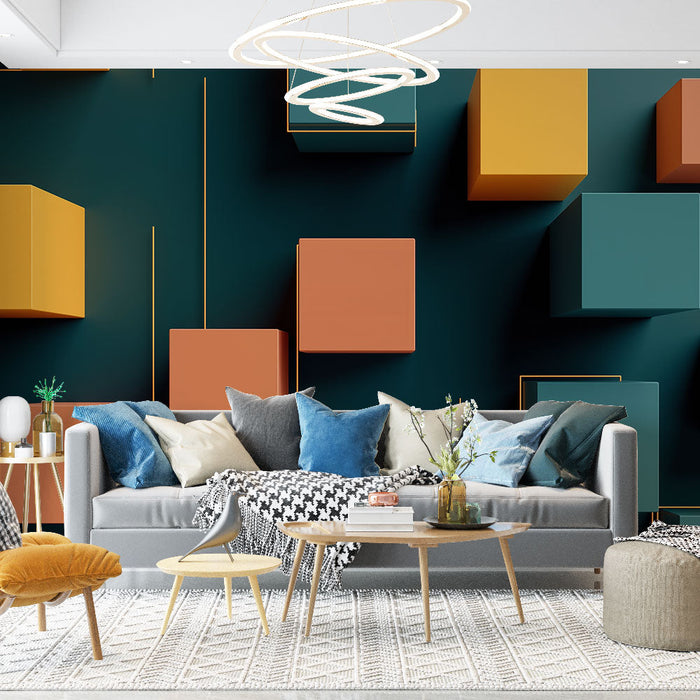 Tapet Geometrisk | Farvede Kubber i Relief på Mørk Baggrund