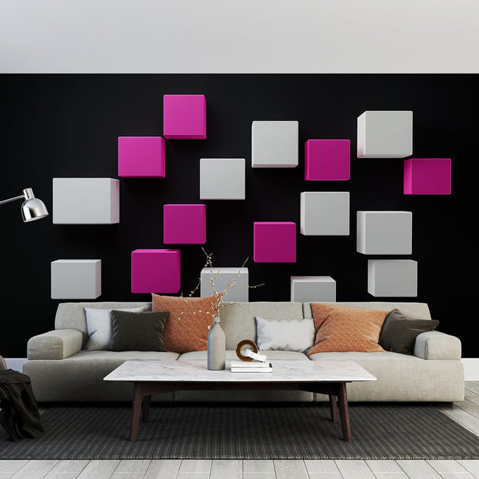 Tapetti | Värikkäät kuutiot vaaleanpunaisina ja valkoisina mustalla taustalla