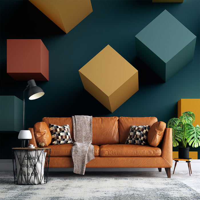 Foto Behang Geometrisch | Gekleurde Kubussen op Donkere Achtergrond