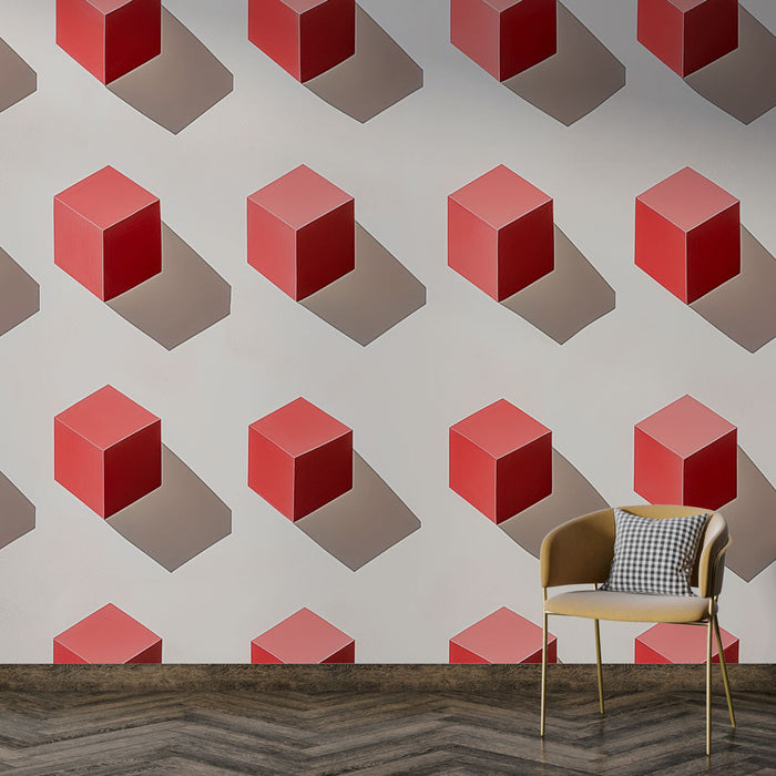 Tapet Geometrisk | Upphöjda röda kuber på neutral bakgrund