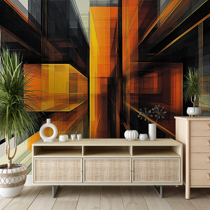 Tapetti geometrinen | Abstrakti muotoilu keltaisen ja mustan liukuvärissä