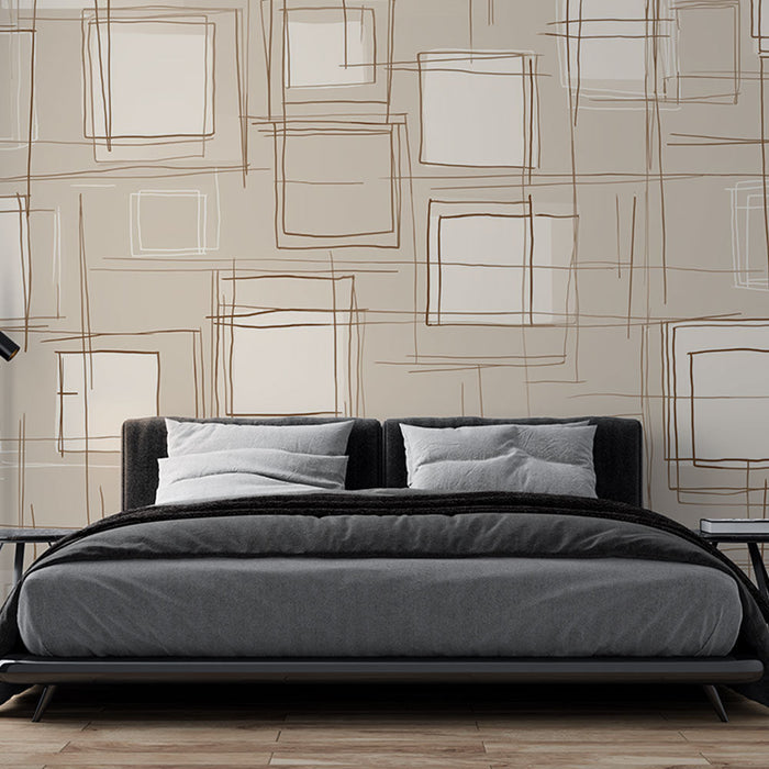 Papel pintado geométrico | Patrón abstracto de cuadrados y líneas sobre fondo beige