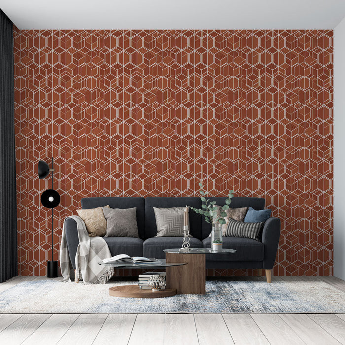 Tapet mural geometric | Model hexagonal de teracotă cu linii albe