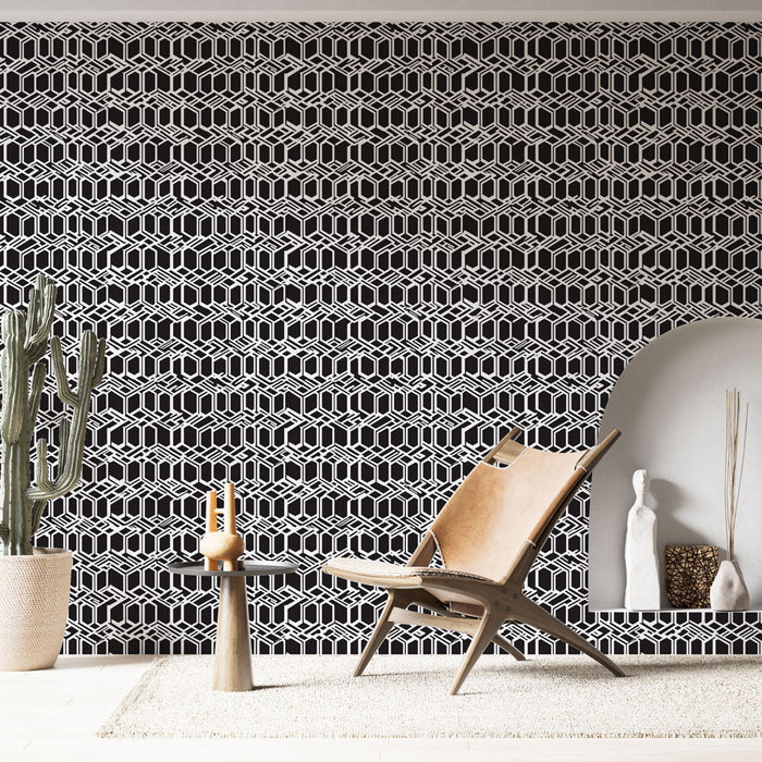 Geometrisk Fototapet | Sort og Hvid Stiliseret Hexagon Mønster