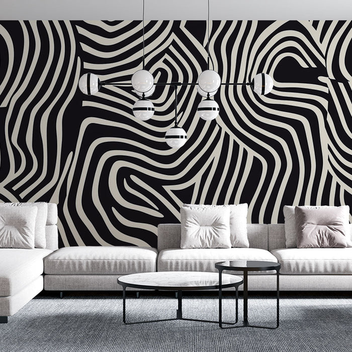 Mural Wallpaper geometric | Must ja kreemjas laineline muster