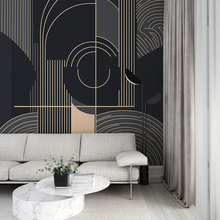 Tapete geometrisch | Abstrakte Muster in goldenen Linien auf dunklem Hintergrund