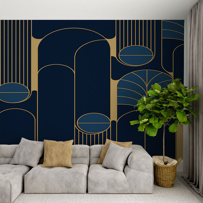 Tapeta geometryczna | Śmiałe wzory z złotymi liniami na głębokim niebieskim tle