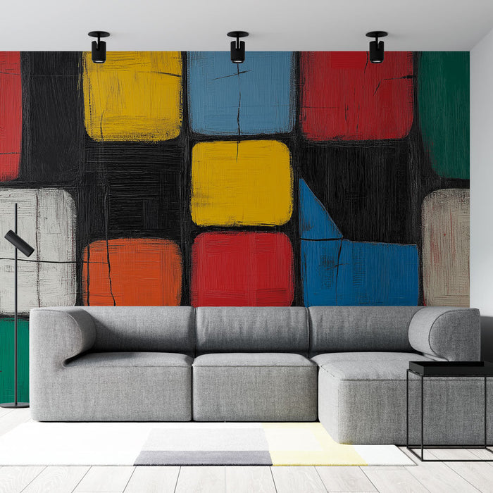 Falfestmény geometrikus | Színes négyzetminták fekete háttéren