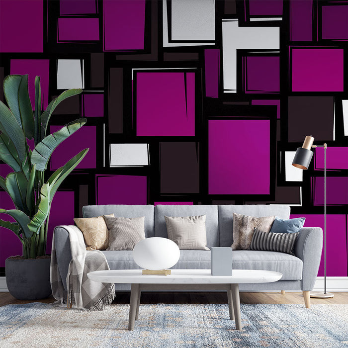 Mural Wallpaper geometric | Square patterns in purple and black