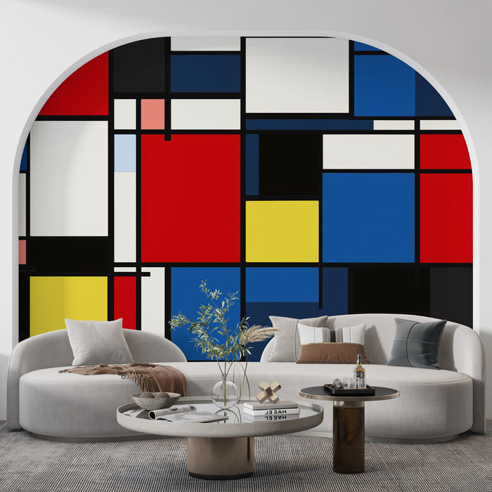 Falfestmény tapéta geometrikus | Színes blokk minták fekete körvonalakkal