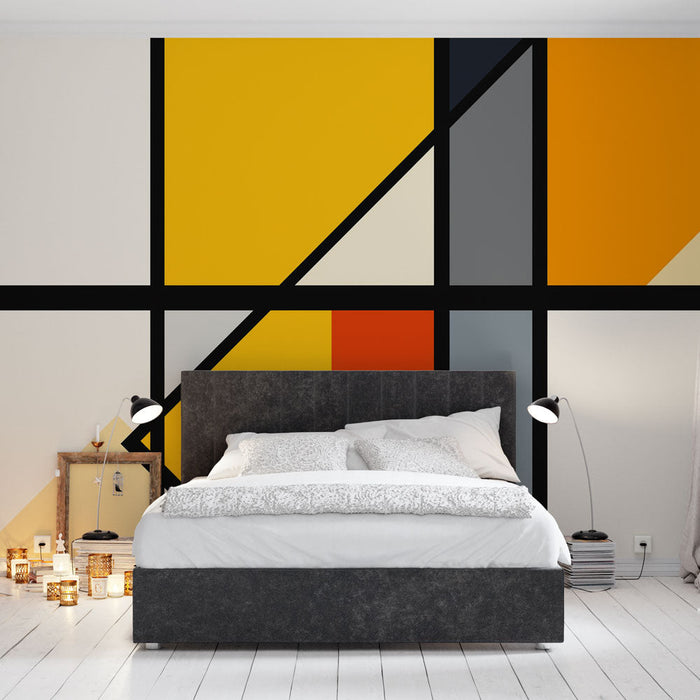 Tapete geometrisch | Farbenfrohe Blockmuster mit schwarzen Linien