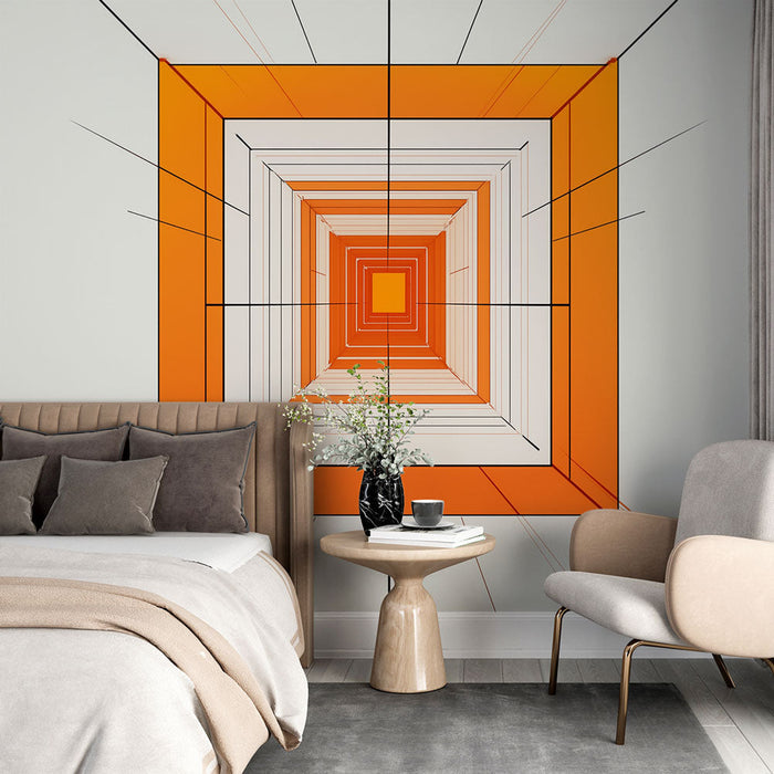 Mural Wallpaper geometric | Patterns of orange and white squares in perspective