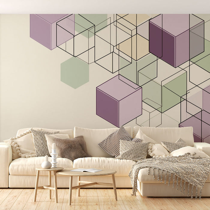 Geomeetriline fototapeet | Läbipaistvad kuubimustrid pastelsetes toonides gradiendis