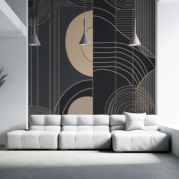 Mural Wallpaper geometric | Elegant line and circle patterns on a black background