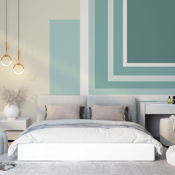 Papel pintado geométrico | Patrones superpuestos en tonos relajantes de azul y crema