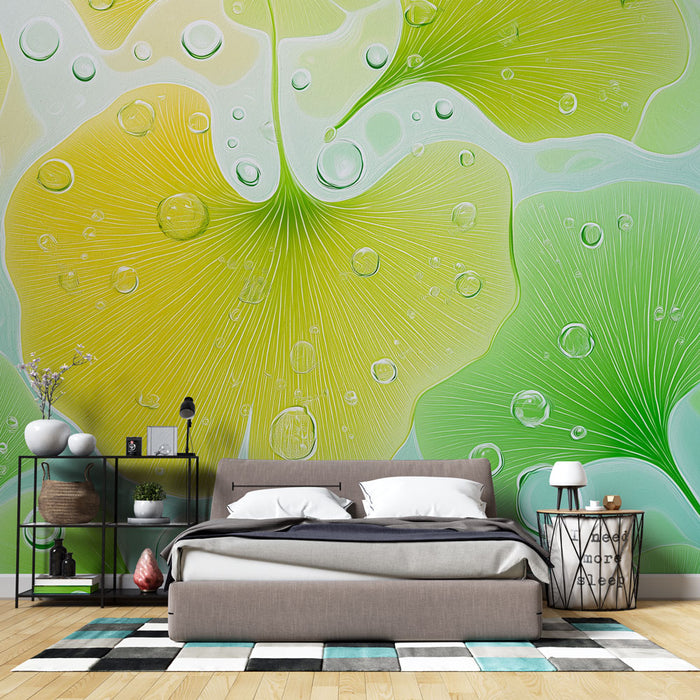 Mural Wallpaper ginkgo aquatiques | Lyst mønster av blader med vanndråper