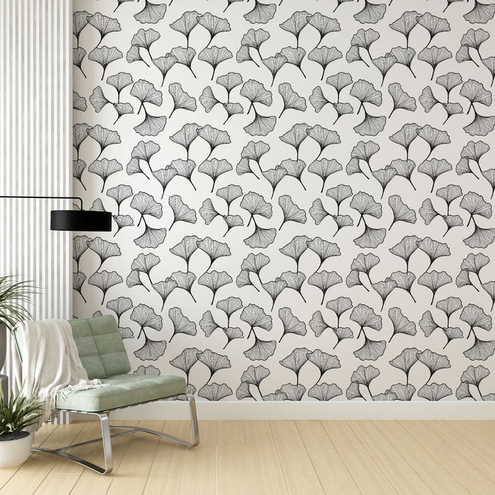Tapete Ginkgo Biloba | Zartes Motiv von Ginkgoblättern in Schwarz und Weiß