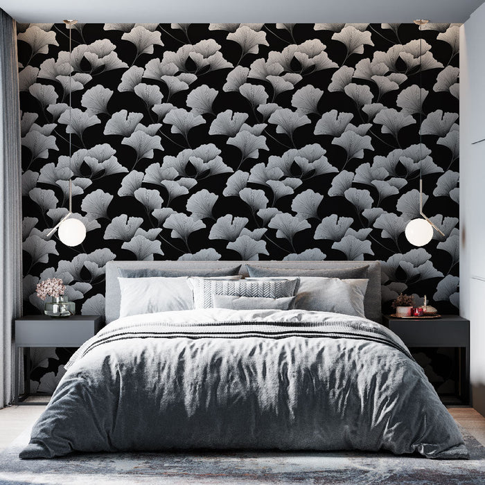 Mural Wallpaper ginkgo blanc | Elegant motif of ginkgo leaves on a black background