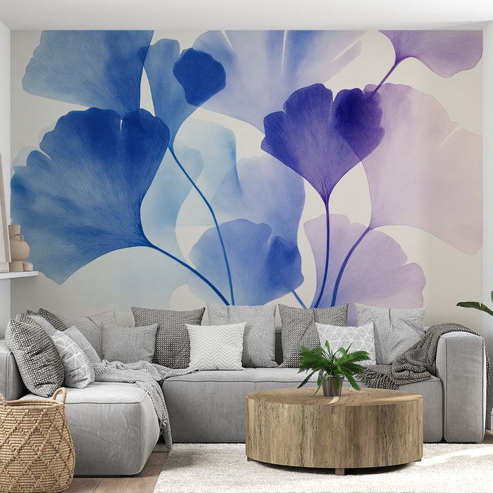 Mural Wallpaper ginkgo blue and purple | Delicate leaves on a soft background