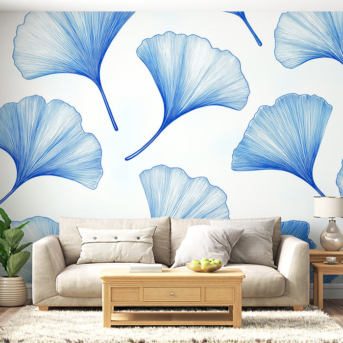 Mural Wallpaper ginkgo blue | Delicate leaves on a light background