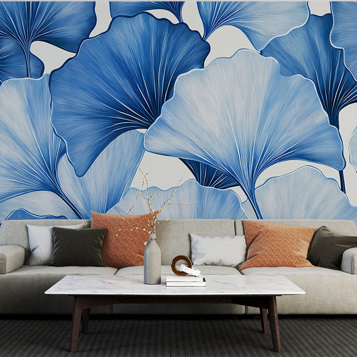 Foto Behang ginkgo blauw | Elegante bladeren en rustgevende gradiënten