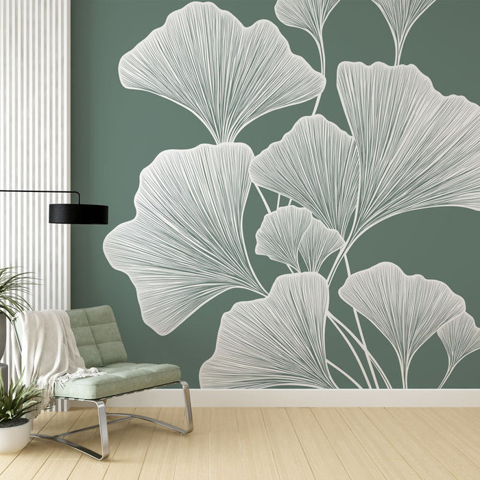 Mural Wallpaper ginkgo | Elegant and botanical design in white on green background