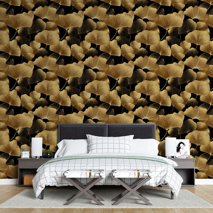 Fotó tapéta ginkgo doré | Ginkgo levelek fekete háttéren