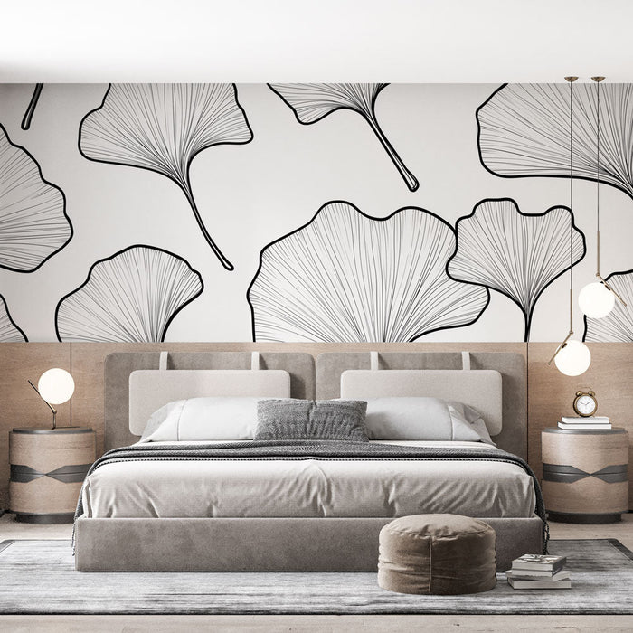 Mural Wallpaper ginkgo | Elegant ginkgo leaf patterns in black outline