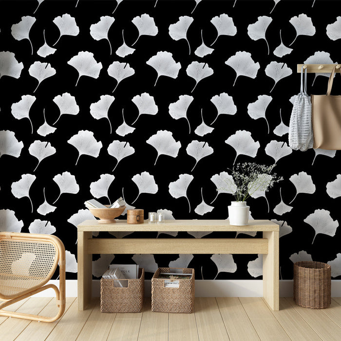 Tapete ginkgo | Λευκά φύλλα ginkgo σε μαύρο φόντο