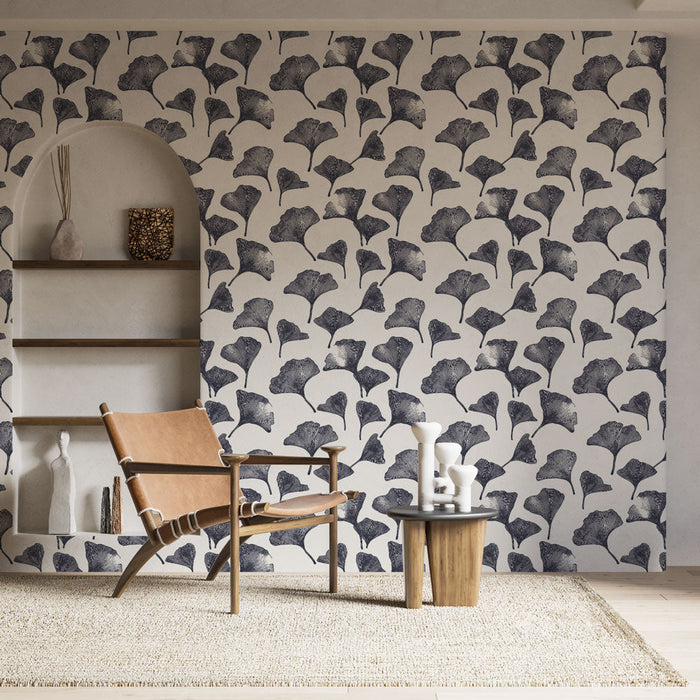 Mural Wallpaper ginkgo | Ginkgo leaves in shades of gray on a white background