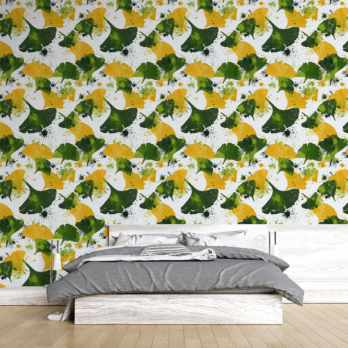 Fototapet ginkgo | Ginkgoblad i gult och grönt på en vit bakgrund