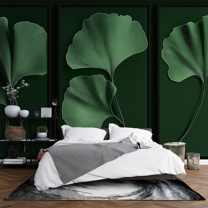 Fototapet ginkgo | Ginkgo blader i relieff på en grønn bakgrunn