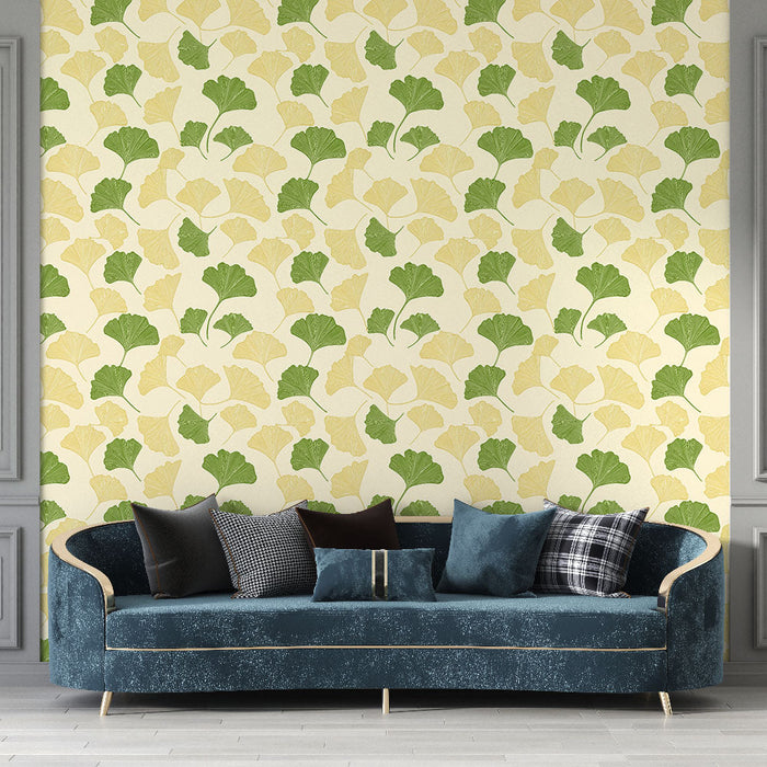 Carta da parati ginkgo | Foglie di ginkgo gialle e verdi su sfondo crema