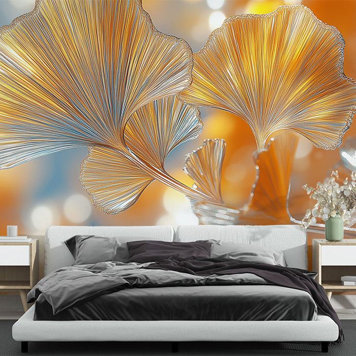 Mural Wallpaper ginkgo | Stylized ginkgo leaves with golden and silver tones