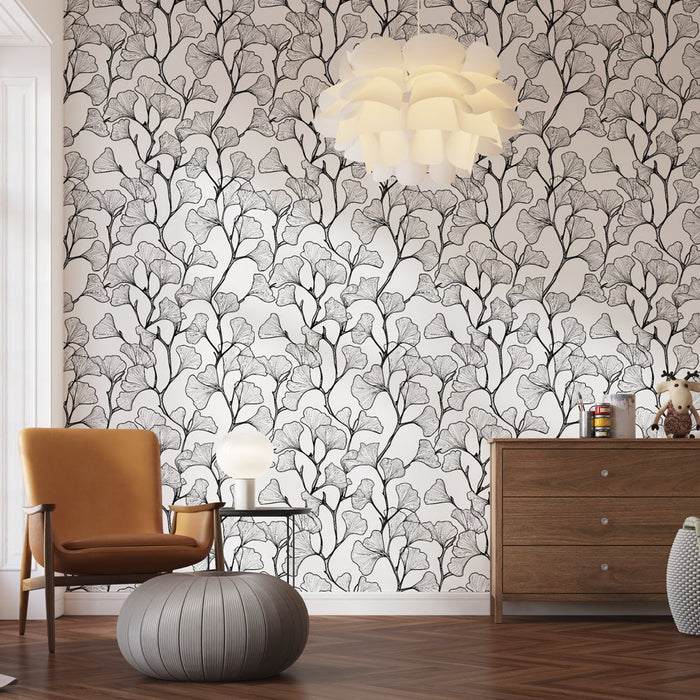 Tapete Ginkgo | Motiv von Ginkgoblättern in Schwarz-Weiß