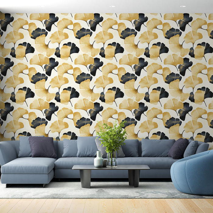 Tapetti ginkgo | Ginkgo-lehtikuviointi kultaisena ja mustana väreinä