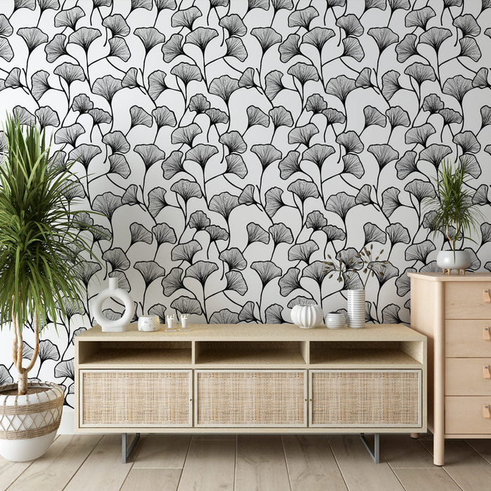 Fototapet ginkgo | Motiv av ginkgoblader i svart og hvitt