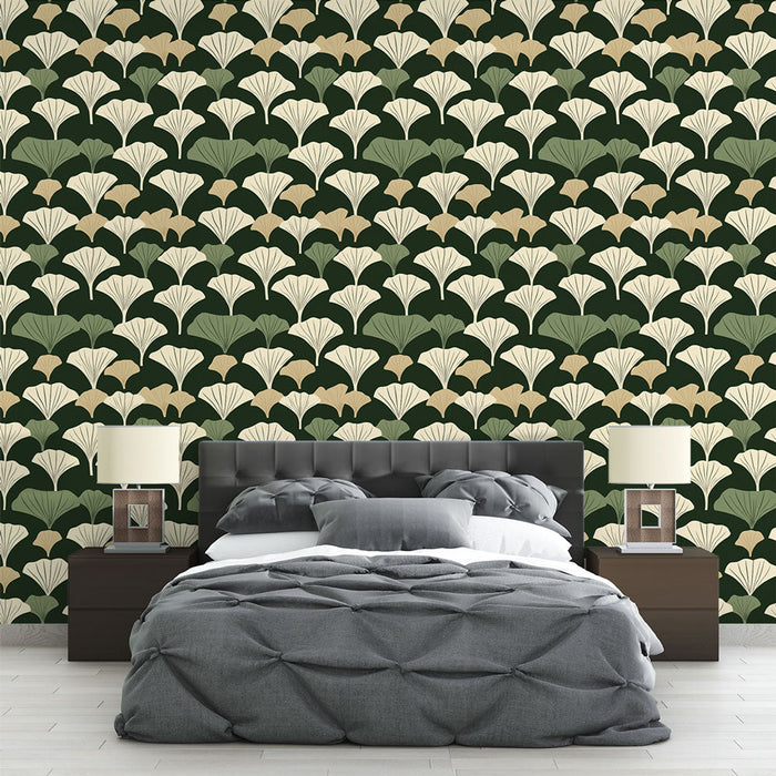 Tapeta z motywem liści miłorzębu | Wzór liści miłorzębu na ciemnozielonym tle