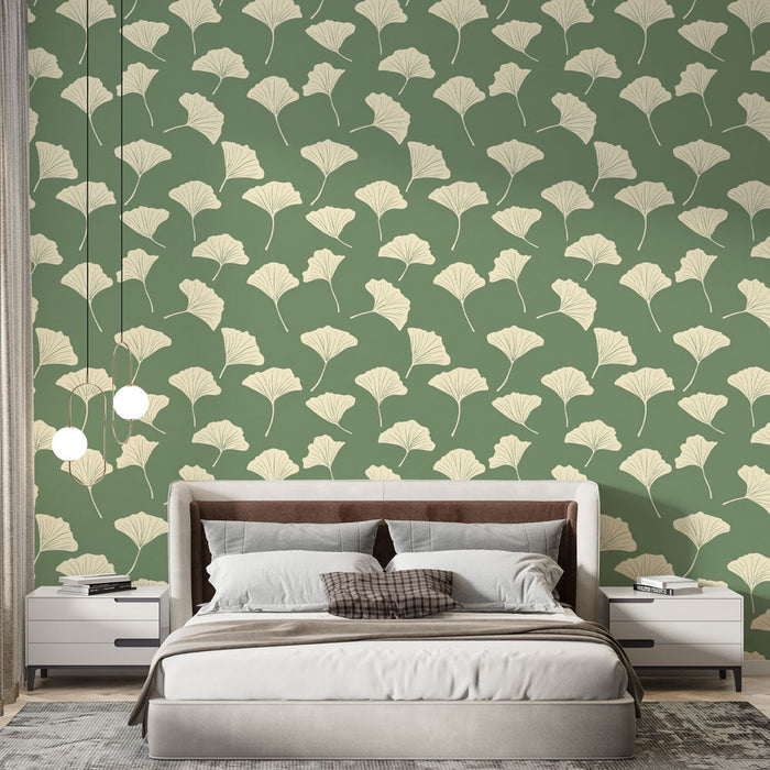 Papel de parede mural ginkgo | Motivo de folhas de ginkgo em um fundo verde