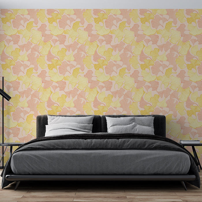 Mural Wallpaper ginkgo | Ginkgo leaf pattern in soft shades of pink and yellow