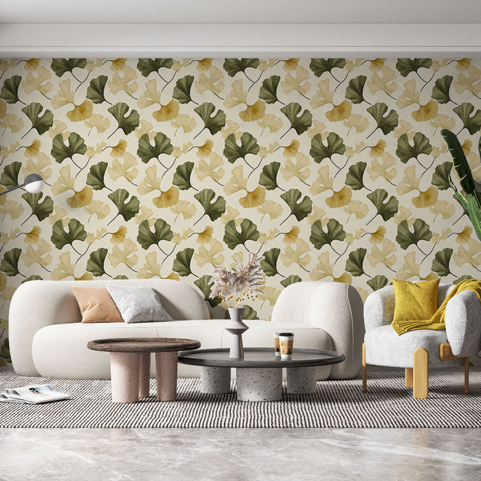 Tapeta ginkgo | Jemný motiv listů jinanu v zlatých a zelených odstínech