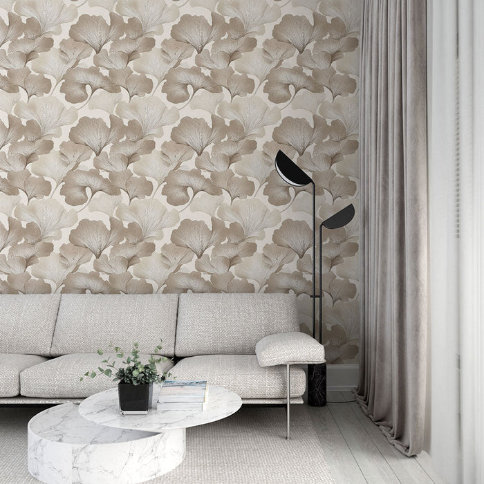Mural Wallpaper ginkgo | Delicate motif of ginkgo leaves in neutral tones